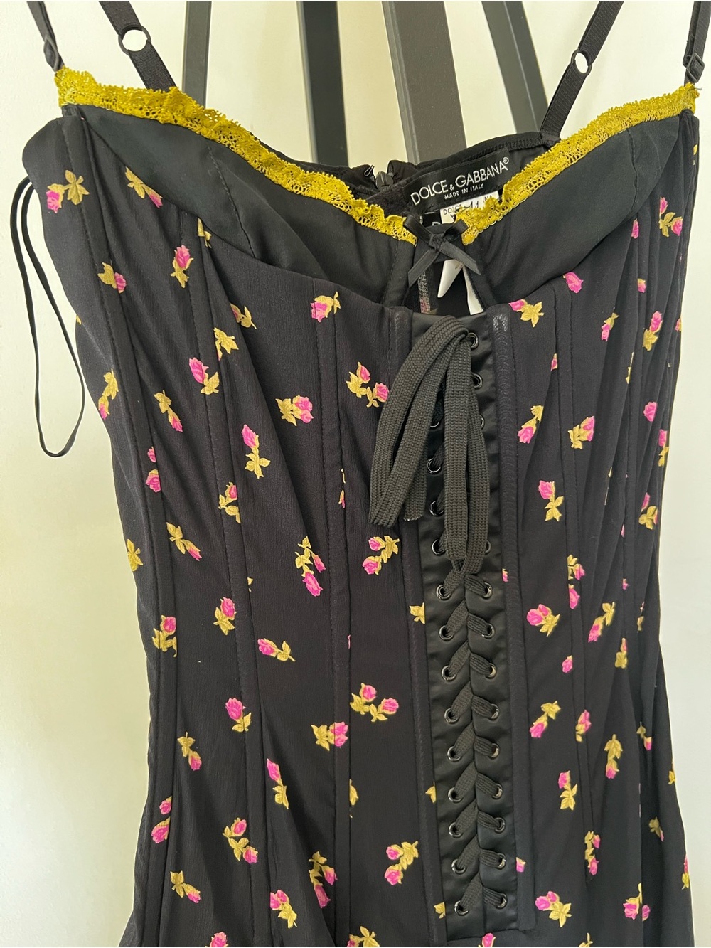 Dolce & Gabbana Black Corset Dress with Pink & Yellow Rose Print